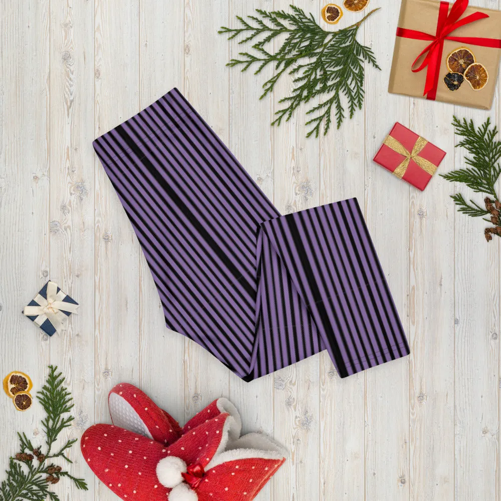 Purple Stripe Casual Capri Leggings, Modern Striped Women's Casual Capris Tights-Made in USA/EU