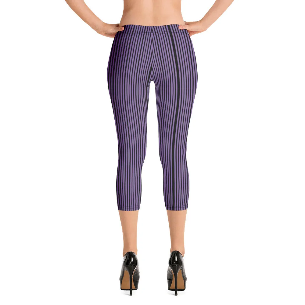 Purple Stripe Casual Capri Leggings, Modern Striped Women's Casual Capris Tights-Made in USA/EU
