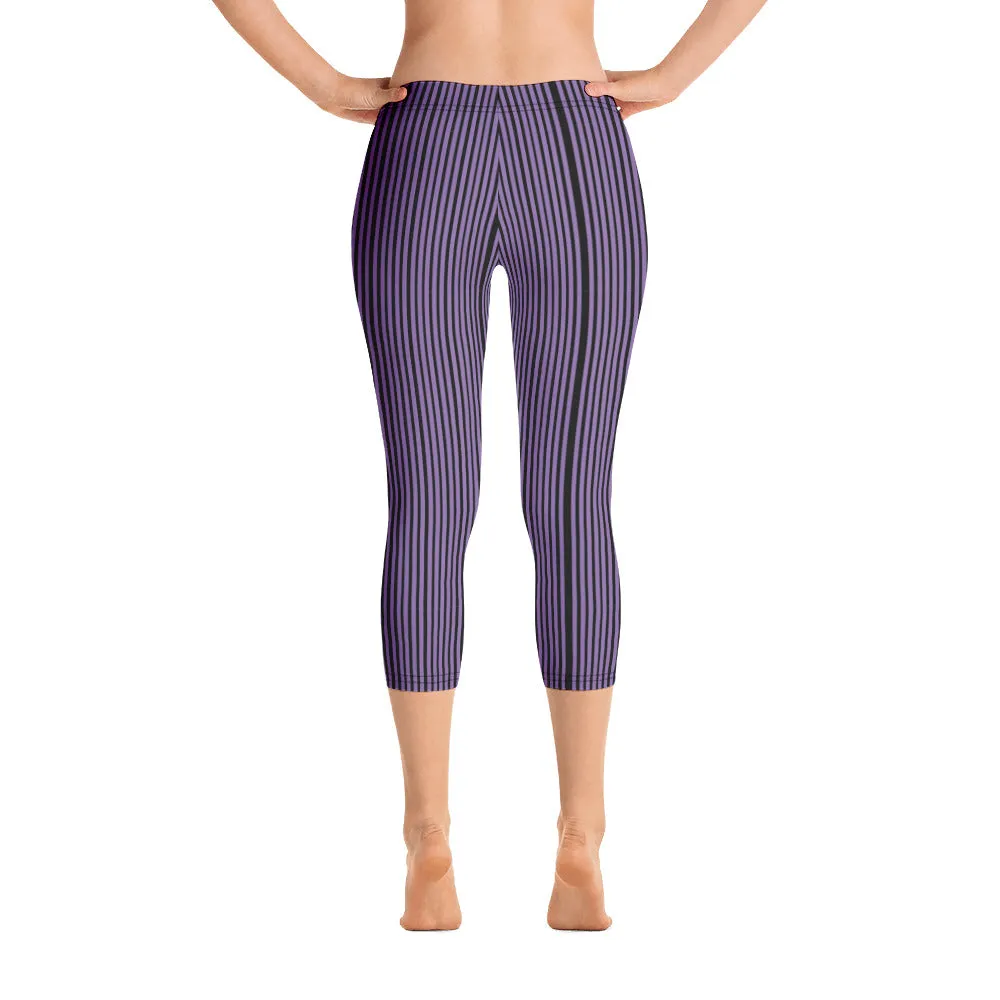 Purple Stripe Casual Capri Leggings, Modern Striped Women's Casual Capris Tights-Made in USA/EU