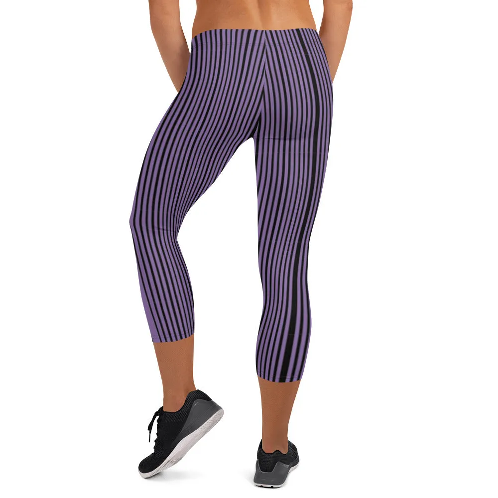 Purple Stripe Casual Capri Leggings, Modern Striped Women's Casual Capris Tights-Made in USA/EU