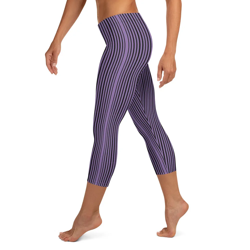 Purple Stripe Casual Capri Leggings, Modern Striped Women's Casual Capris Tights-Made in USA/EU