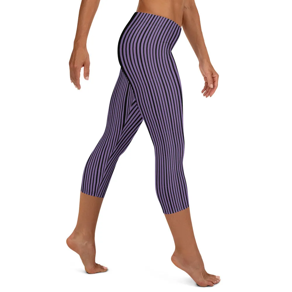 Purple Stripe Casual Capri Leggings, Modern Striped Women's Casual Capris Tights-Made in USA/EU