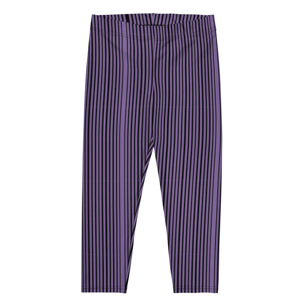 Purple Stripe Casual Capri Leggings, Modern Striped Women's Casual Capris Tights-Made in USA/EU