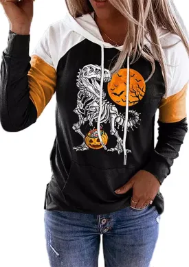 QIANRUO Halloween Hoodie Tshirt for Women Pumpkin Face Graphic Tees Tops Long Sleeve Color Block Pullover Shirt