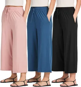 Real Essentials 3 Pack: Women's Ultra-Soft Wide Leg Loose Capri Open Bottom Pants - Yoga Lounge Pockets(Available in Plus)
