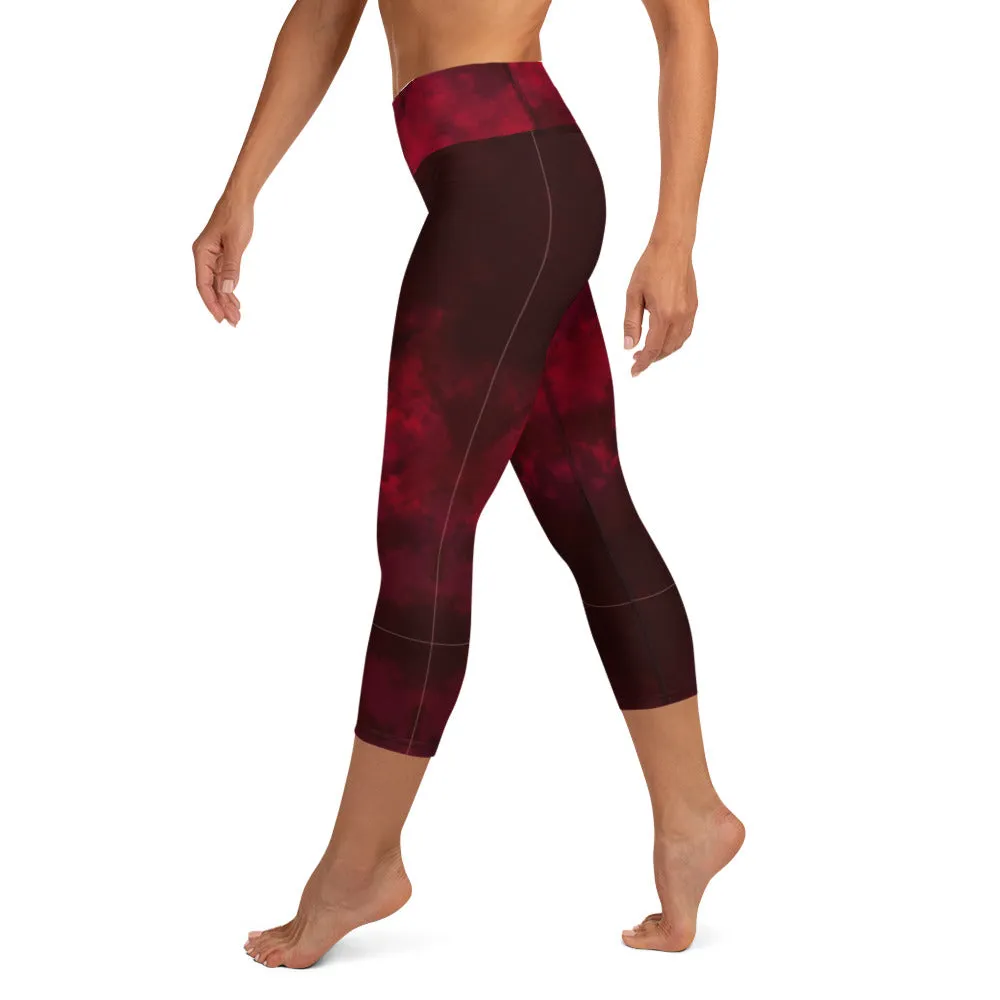 Red Abstract Yoga Capri Leggings, Best Wine Red Women's Capris Workout Tights-Made in USA/EU