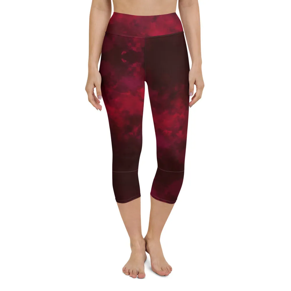 Red Abstract Yoga Capri Leggings, Best Wine Red Women's Capris Workout Tights-Made in USA/EU