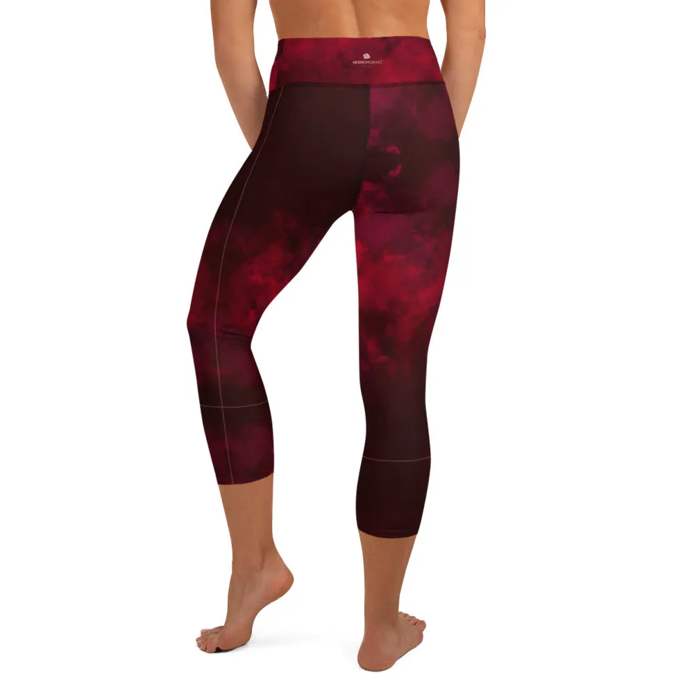 Red Abstract Yoga Capri Leggings, Best Wine Red Women's Capris Workout Tights-Made in USA/EU