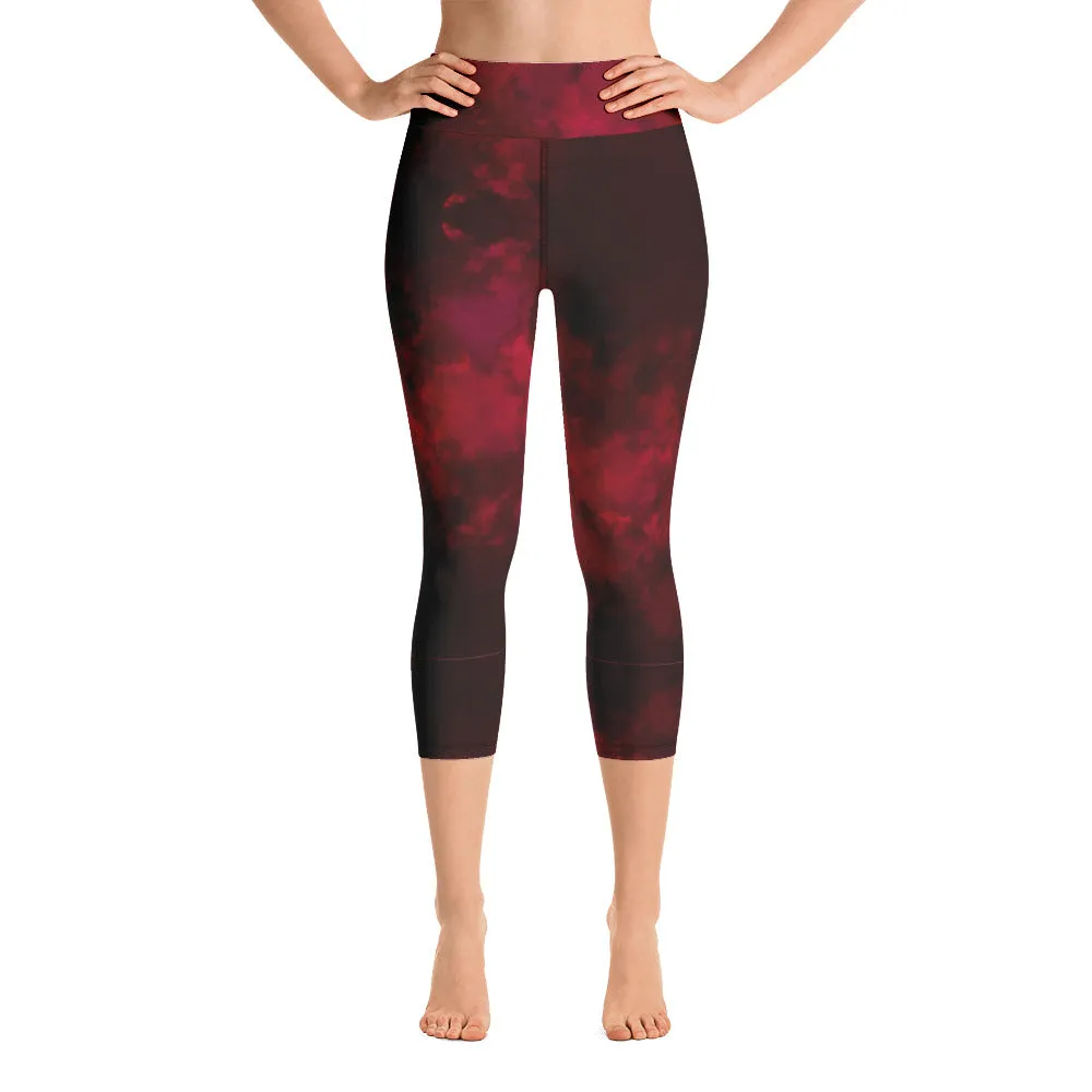 Red Abstract Yoga Capri Leggings, Best Wine Red Women's Capris Workout Tights-Made in USA/EU