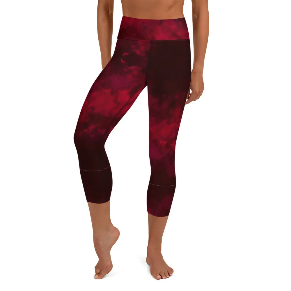 Red Abstract Yoga Capri Leggings, Best Wine Red Women's Capris Workout Tights-Made in USA/EU