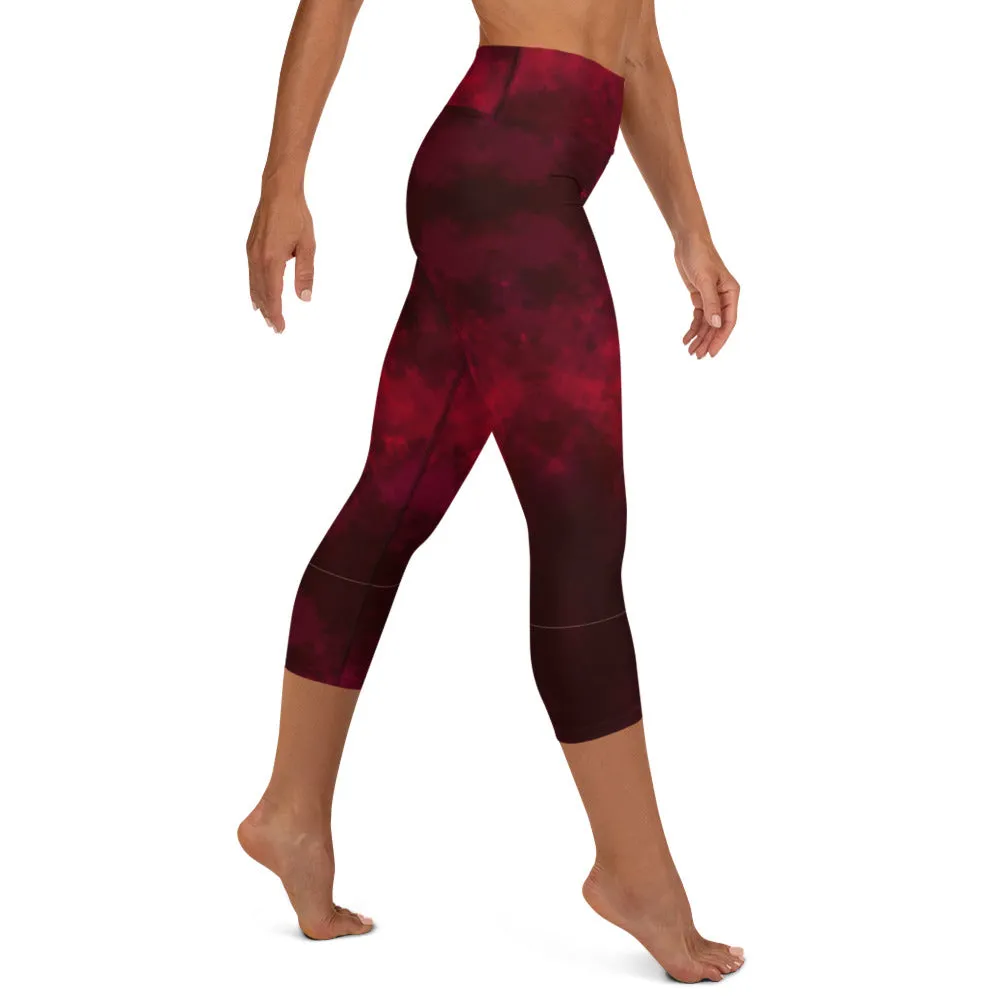 Red Abstract Yoga Capri Leggings, Best Wine Red Women's Capris Workout Tights-Made in USA/EU