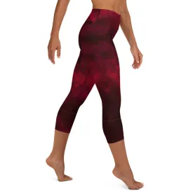 Red Abstract Yoga Capri Leggings, Best Wine Red Women's Capris Workout Tights-Made in USA/EU