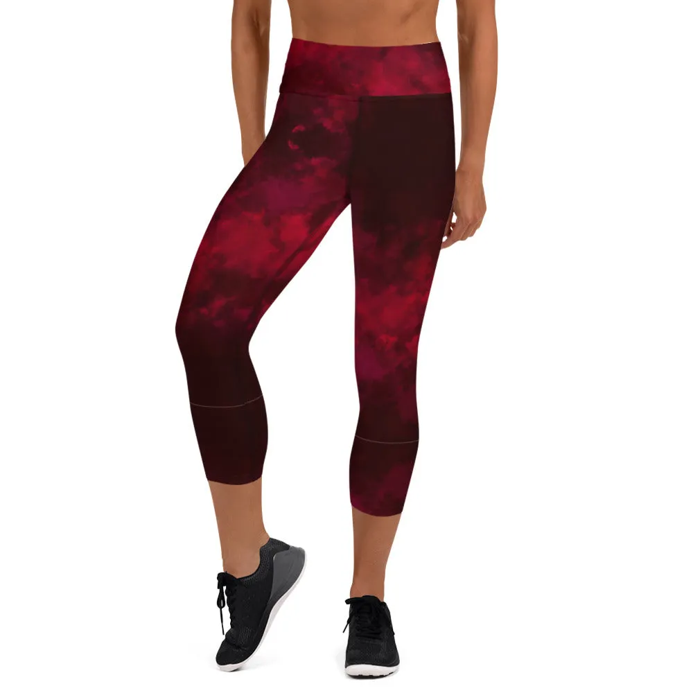 Red Abstract Yoga Capri Leggings, Best Wine Red Women's Capris Workout Tights-Made in USA/EU