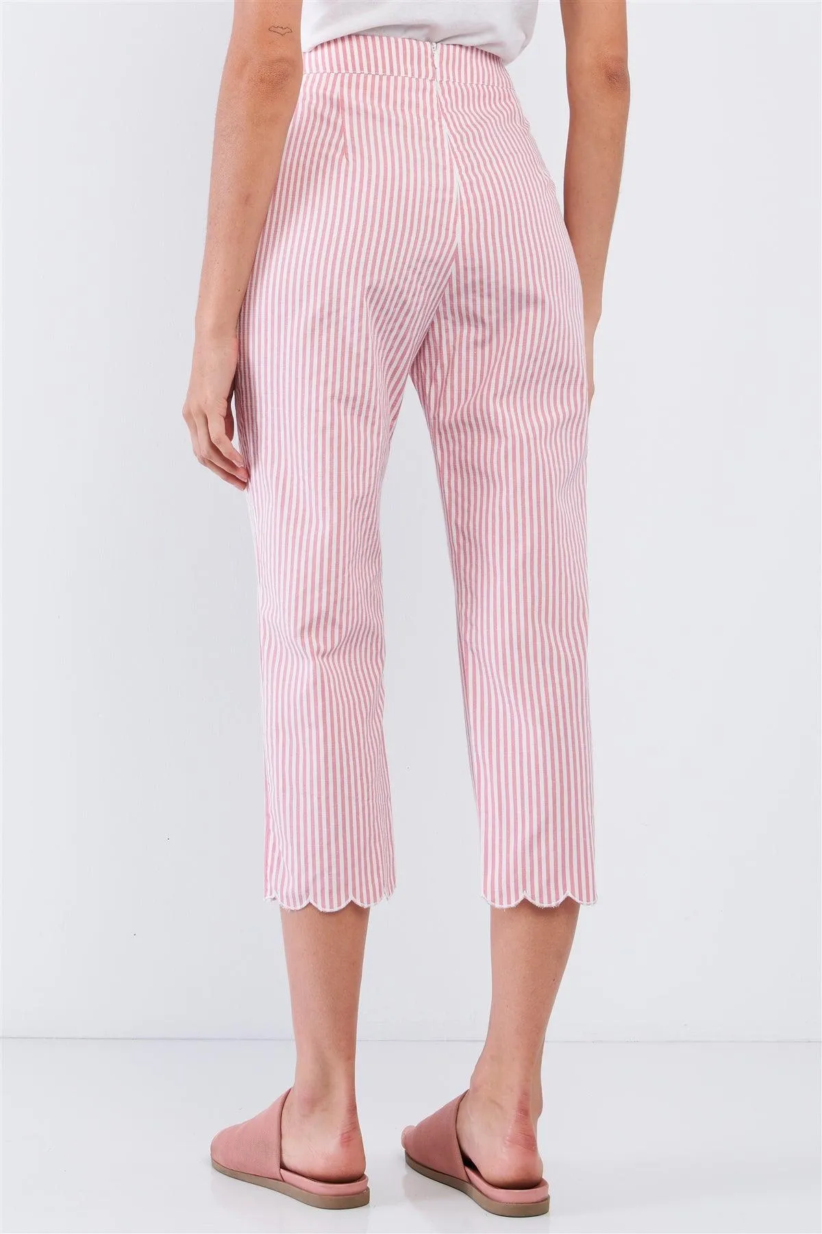 Red & White Striped High Waist Scalloped Hem Summer Capri Pants /1-1-2-2