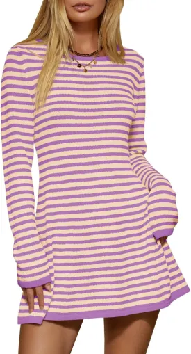 Saodimallsu Womens Striped Pullover Sweater Crew Neck Fall Long Sleeve Trendy Casual Ribbed Knit Tunic Mini Dress