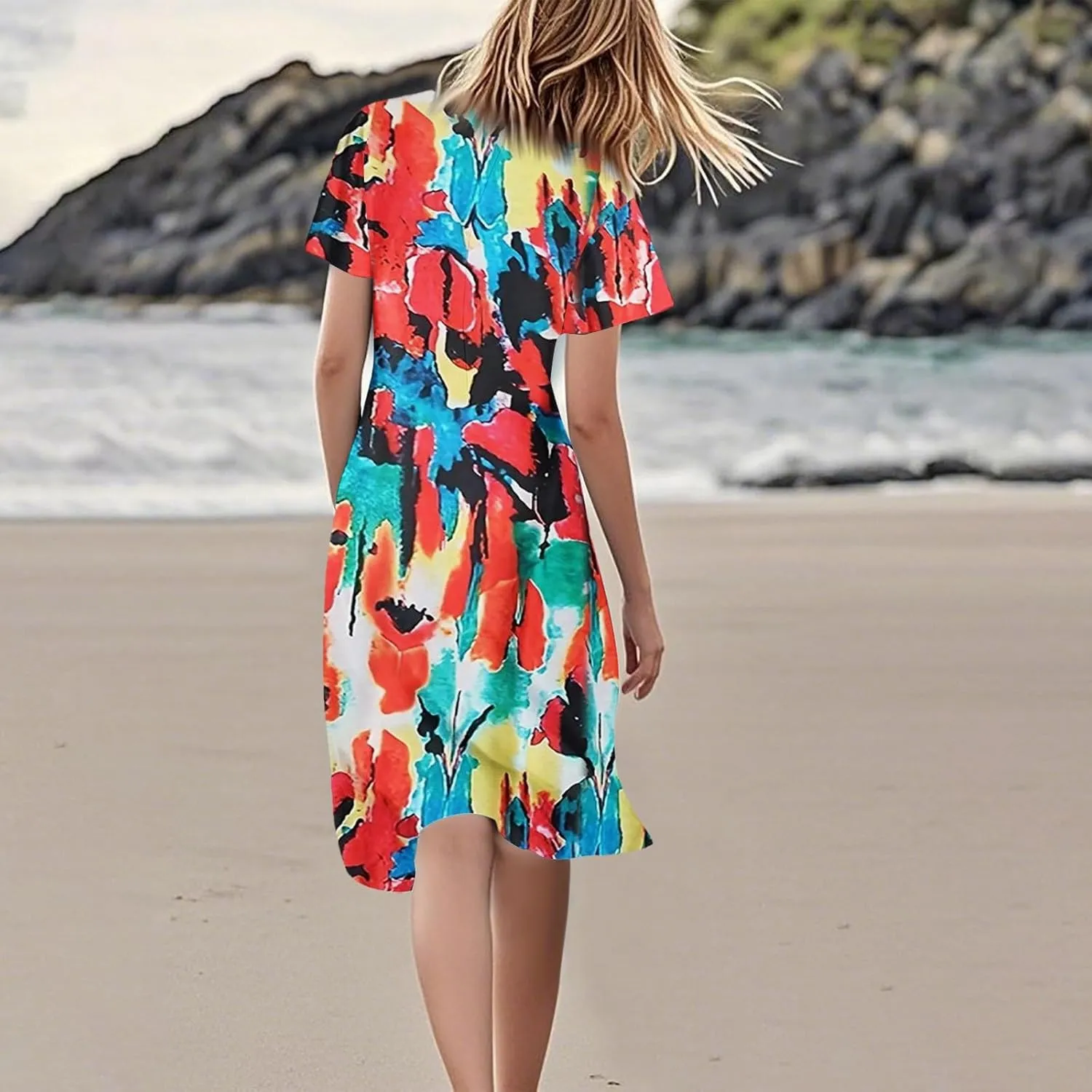 Sexy Dresses for Women Date Night V Neck Boho Knee Length Summer 2025 Tie Dye Floral Short Sleeve Short Skirt
