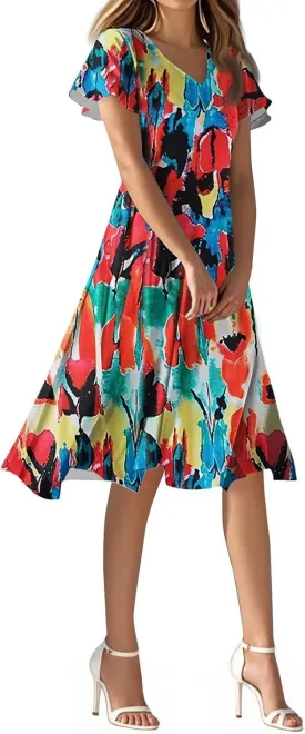 Sexy Dresses for Women Date Night V Neck Boho Knee Length Summer 2025 Tie Dye Floral Short Sleeve Short Skirt