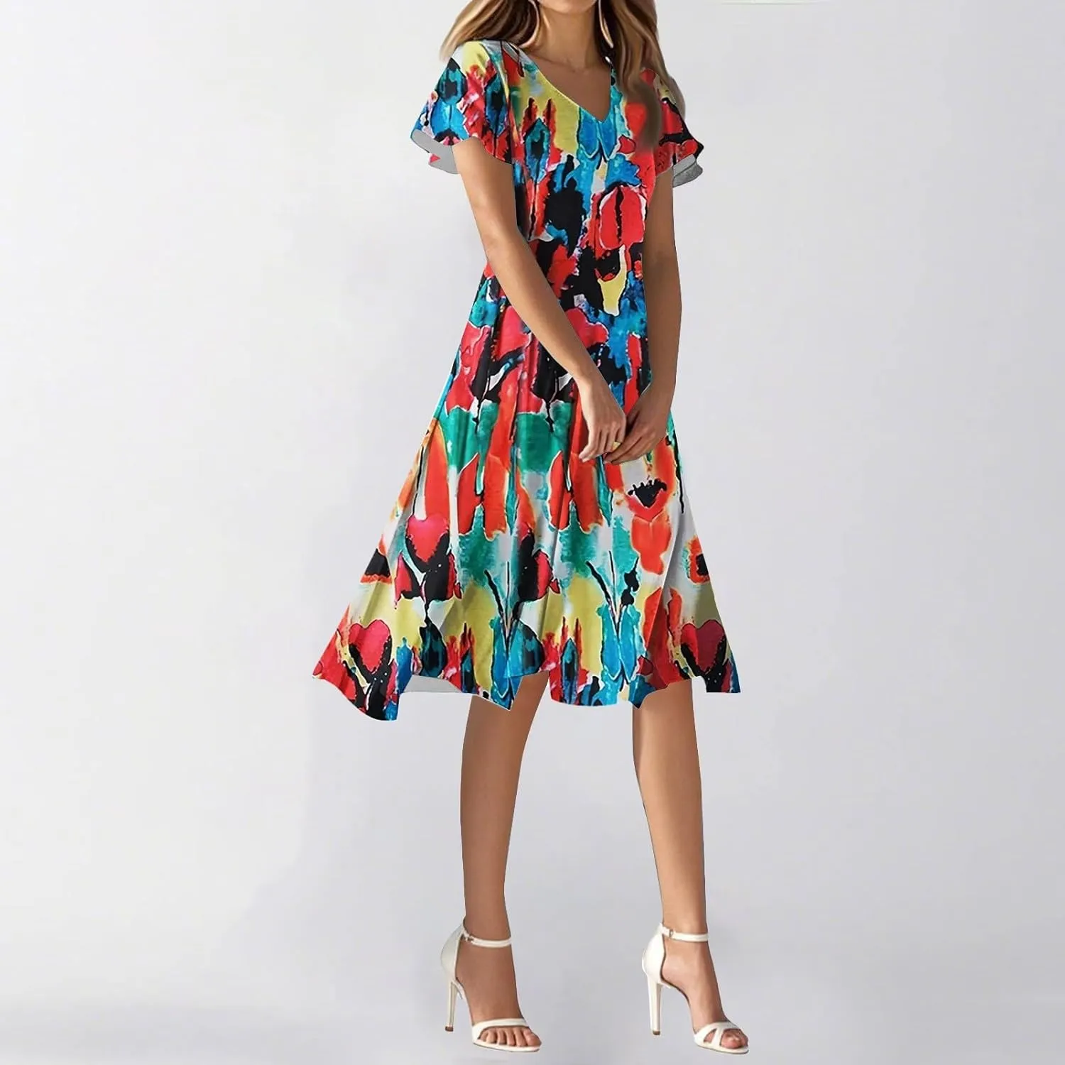 Sexy Dresses for Women Date Night V Neck Boho Knee Length Summer 2025 Tie Dye Floral Short Sleeve Short Skirt