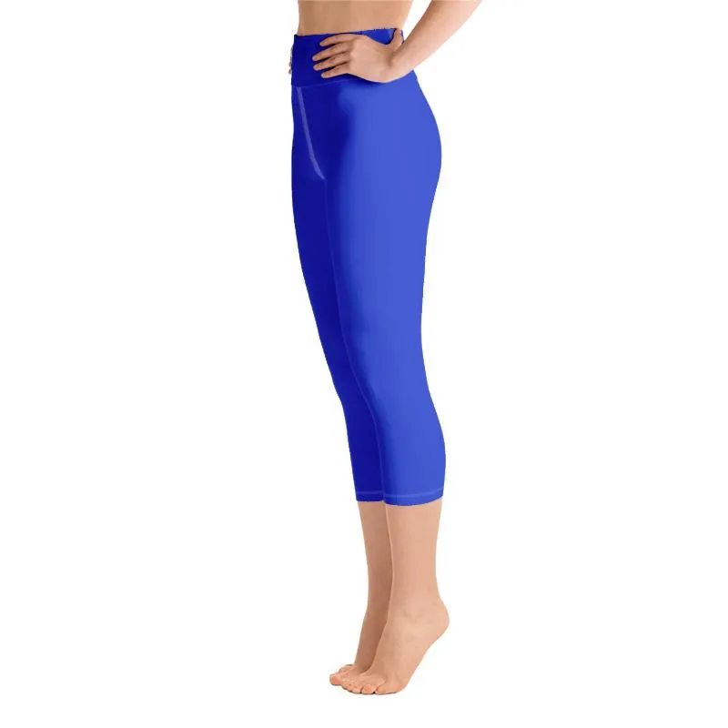 Solid Blue Capris Yoga Tights, Best Blue Color Women's Best Yoga Capri Leggings Workout Pants- Made in USA/ EU