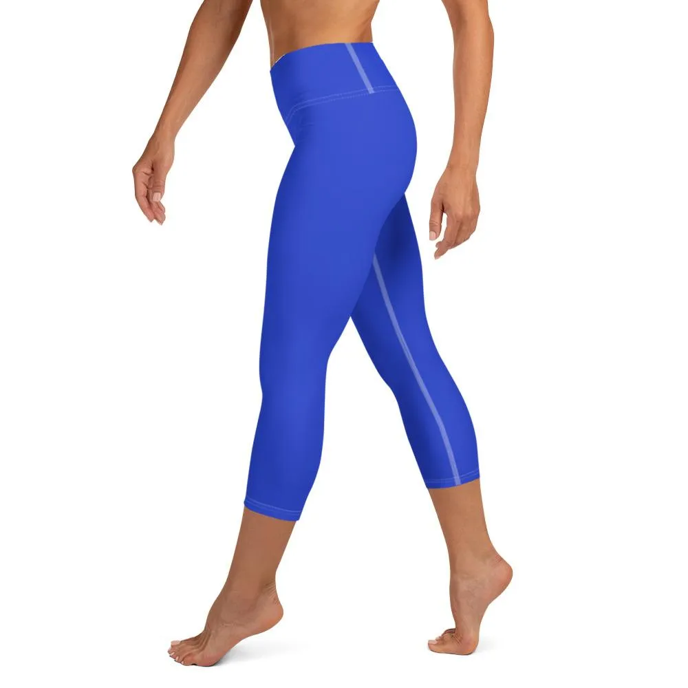 Solid Blue Capris Yoga Tights, Best Blue Color Women's Best Yoga Capri Leggings Workout Pants- Made in USA/ EU