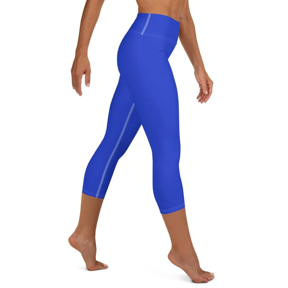 Solid Blue Capris Yoga Tights, Best Blue Color Women's Best Yoga Capri Leggings Workout Pants- Made in USA/ EU