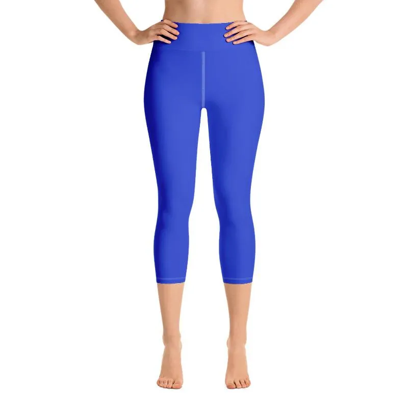 Solid Blue Capris Yoga Tights, Best Blue Color Women's Best Yoga Capri Leggings Workout Pants- Made in USA/ EU