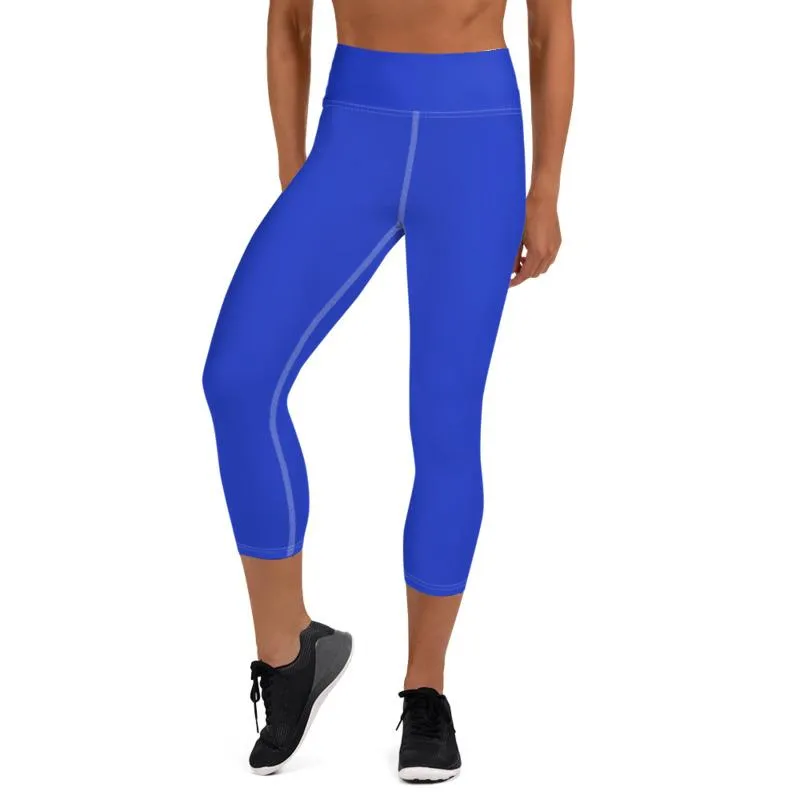 Solid Blue Capris Yoga Tights, Best Blue Color Women's Best Yoga Capri Leggings Workout Pants- Made in USA/ EU