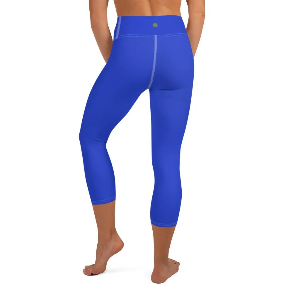 Solid Blue Capris Yoga Tights, Best Blue Color Women's Best Yoga Capri Leggings Workout Pants- Made in USA/ EU