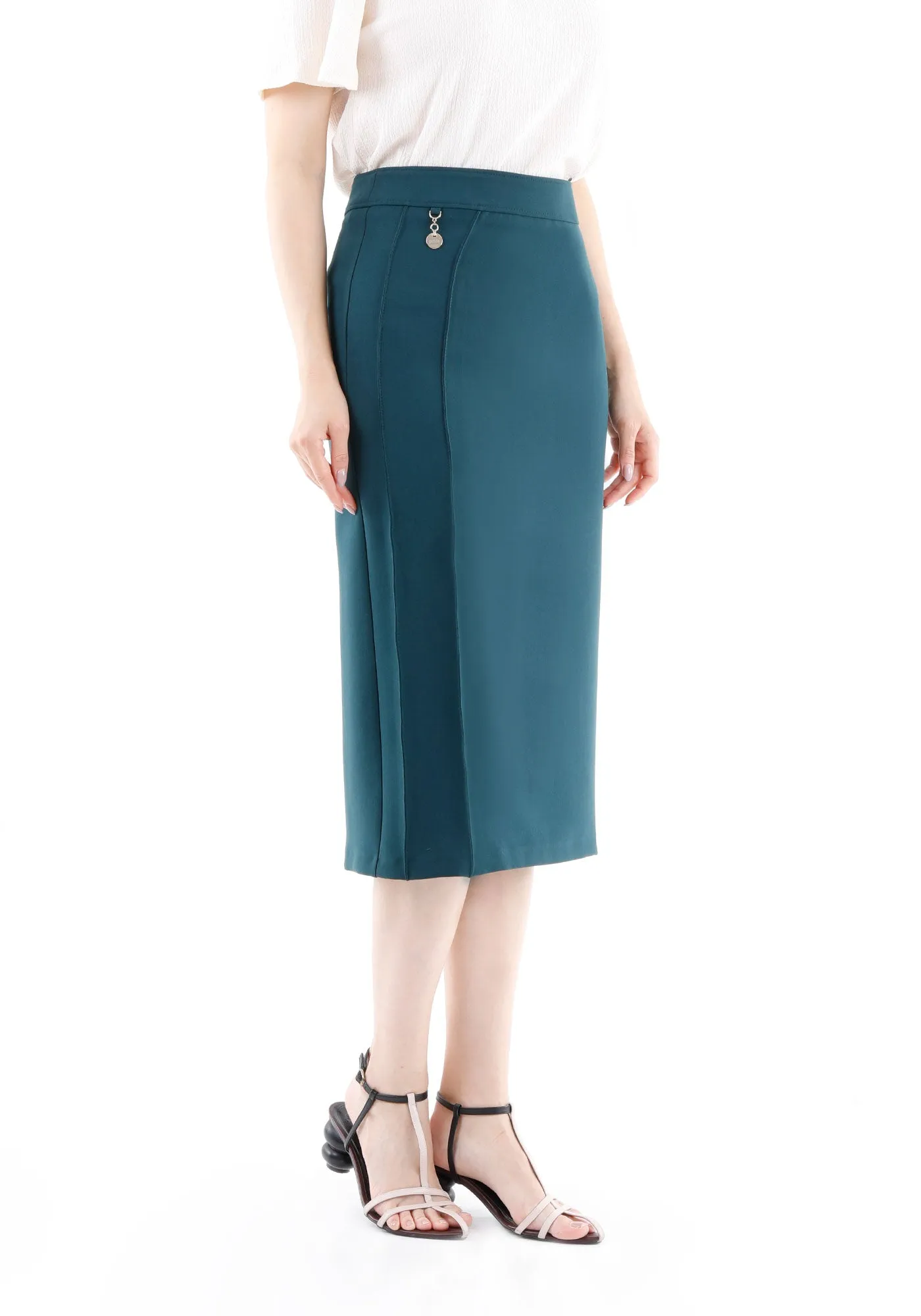 Stitch Detail Green Pencil Midi Skirt