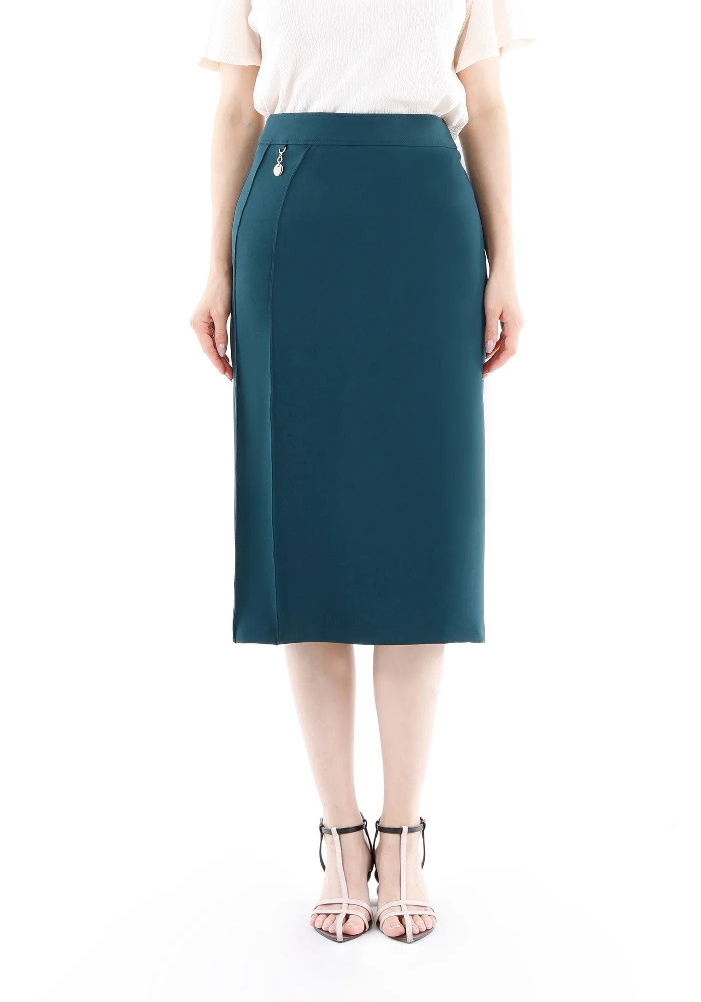 Stitch Detail Green Pencil Midi Skirt