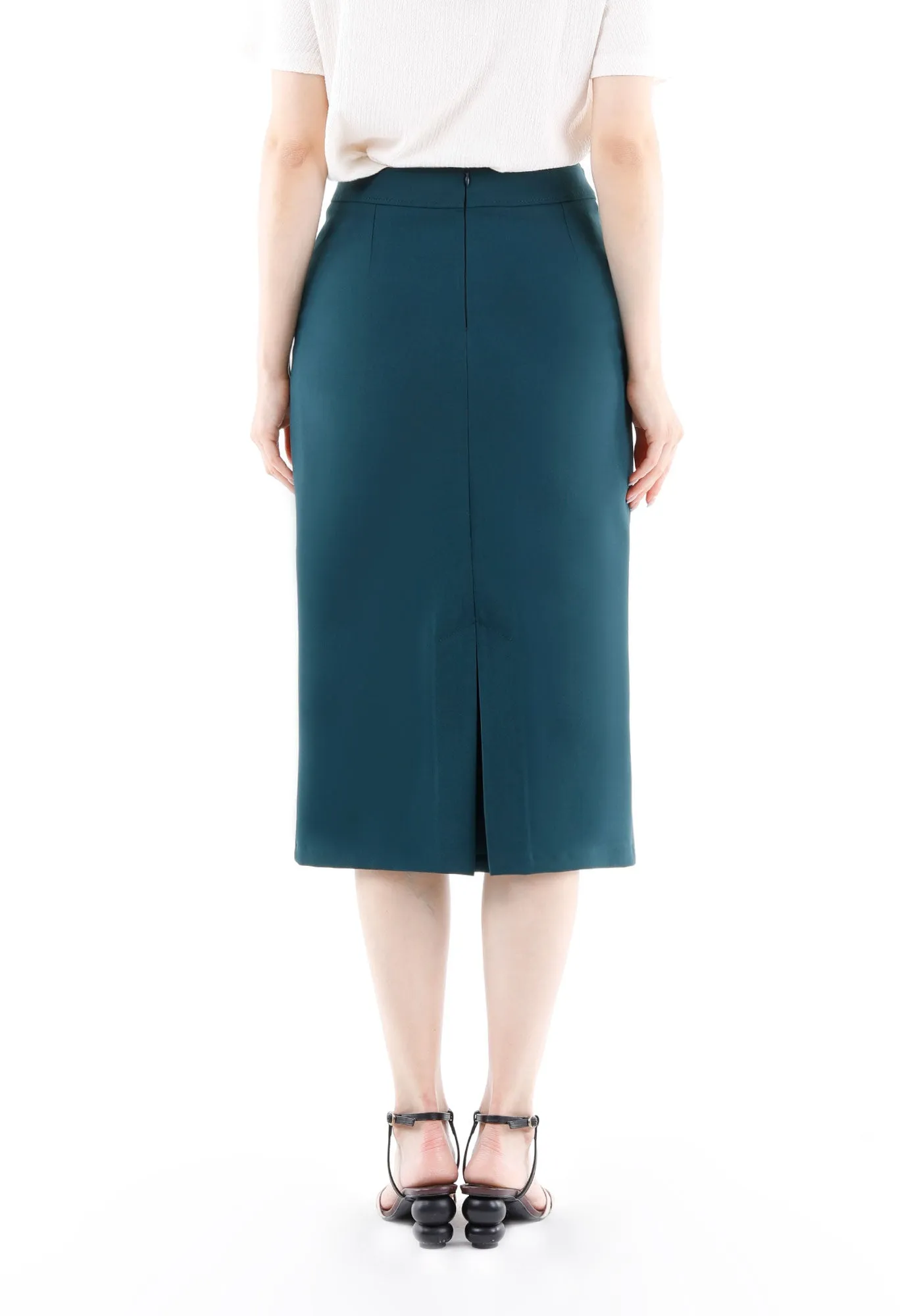 Stitch Detail Green Pencil Midi Skirt