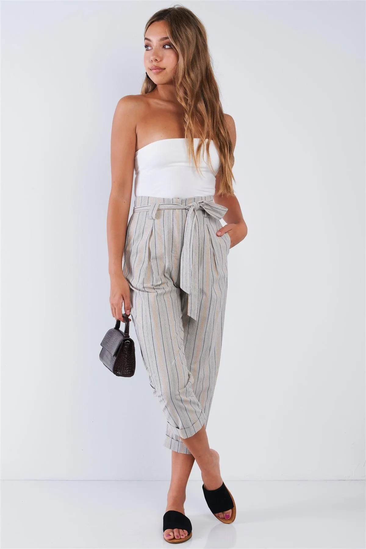 Striped High Waisted Tapered Folded Hem Pants
