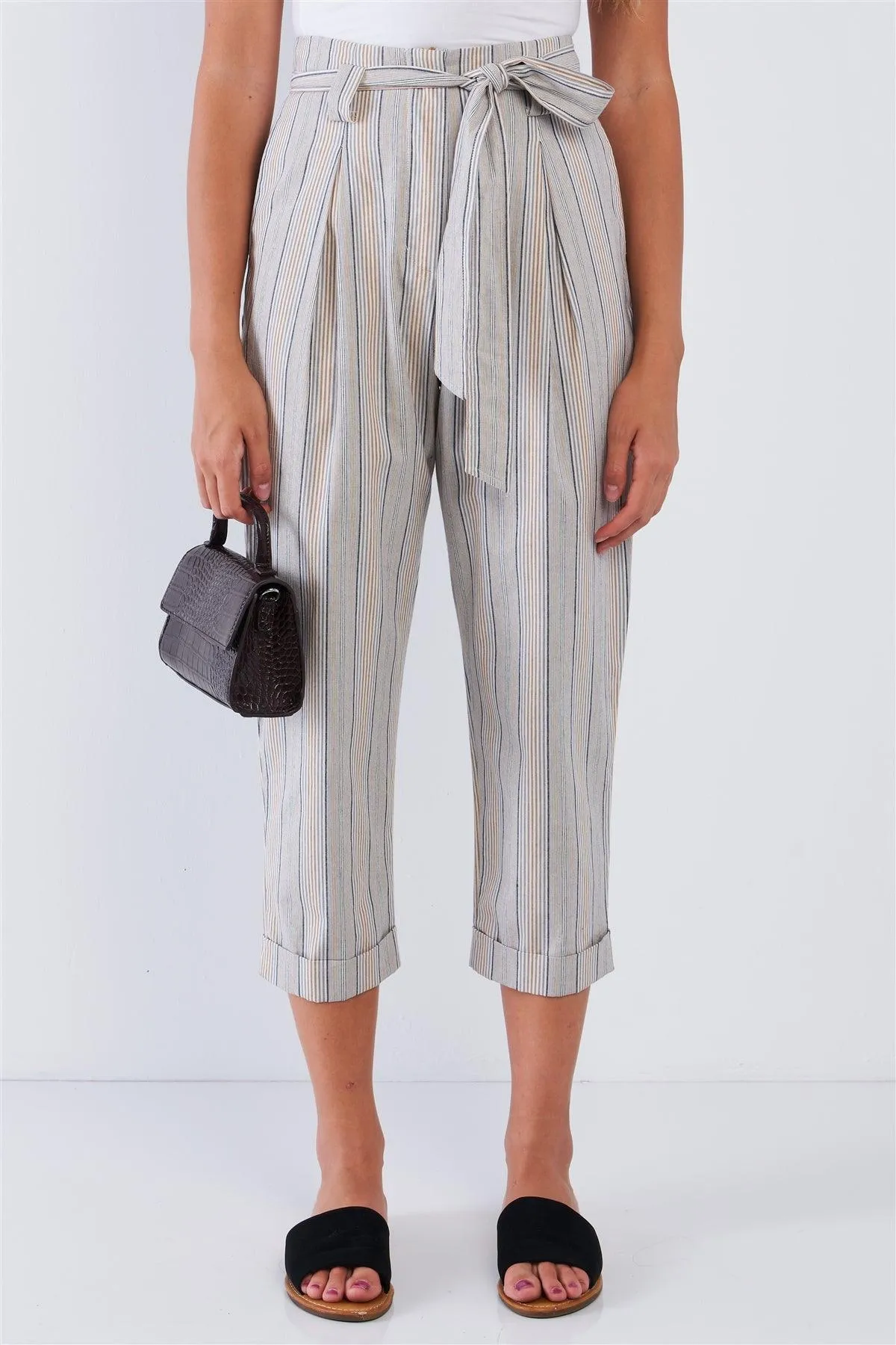 Striped High Waisted Tapered Folded Hem Pants