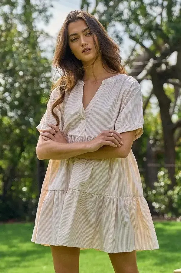 Striped V-Neck Tiered Baby Doll Dress