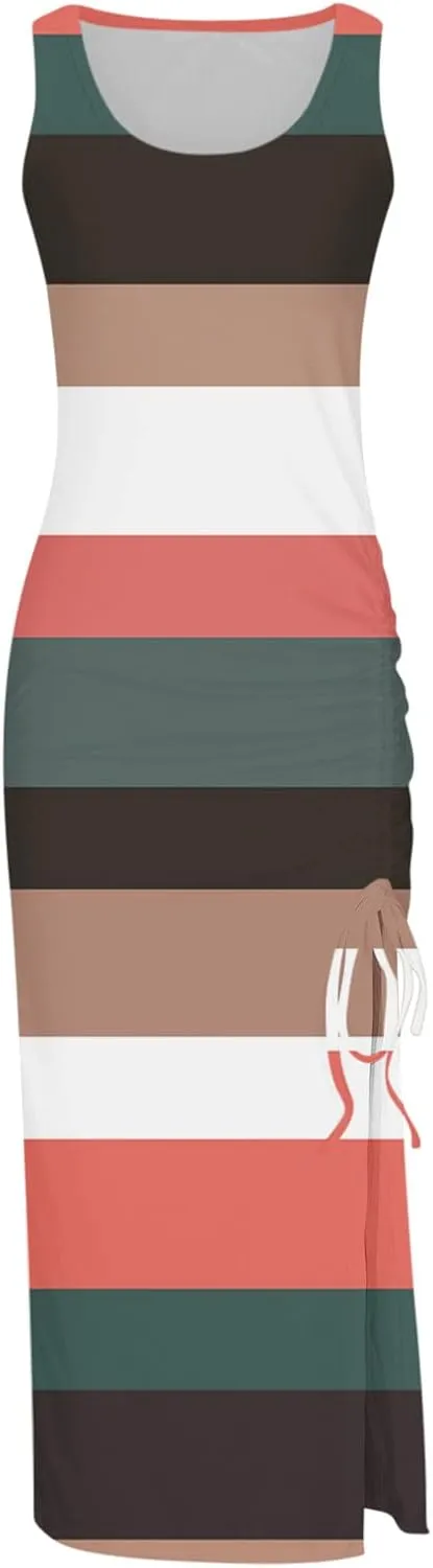 Summer Dresses for Women 2024 Sleeveless Square Neck Drawstring Side Slit Knitted Ribbed Bodycon Sexy Casual Sundress