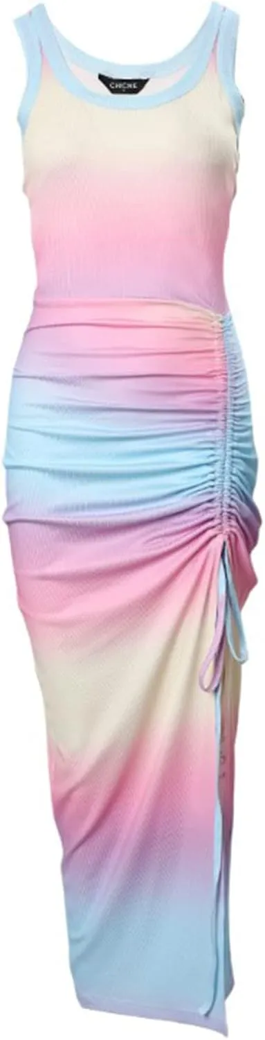 Summer Dresses for Women 2024 Sleeveless Square Neck Drawstring Side Slit Knitted Ribbed Bodycon Sexy Casual Sundress