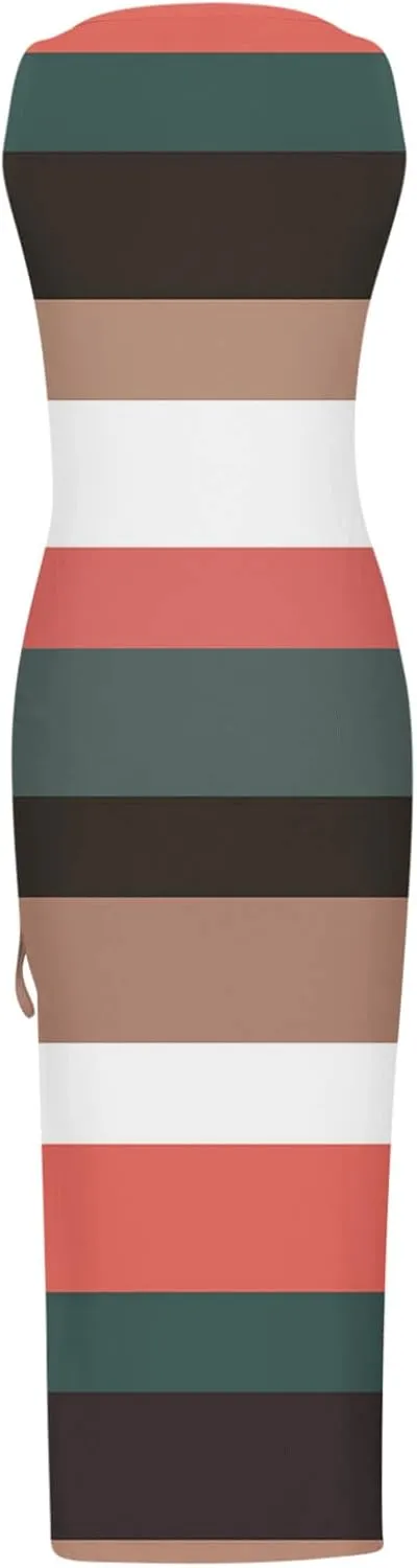 Summer Dresses for Women 2024 Sleeveless Square Neck Drawstring Side Slit Knitted Ribbed Bodycon Sexy Casual Sundress