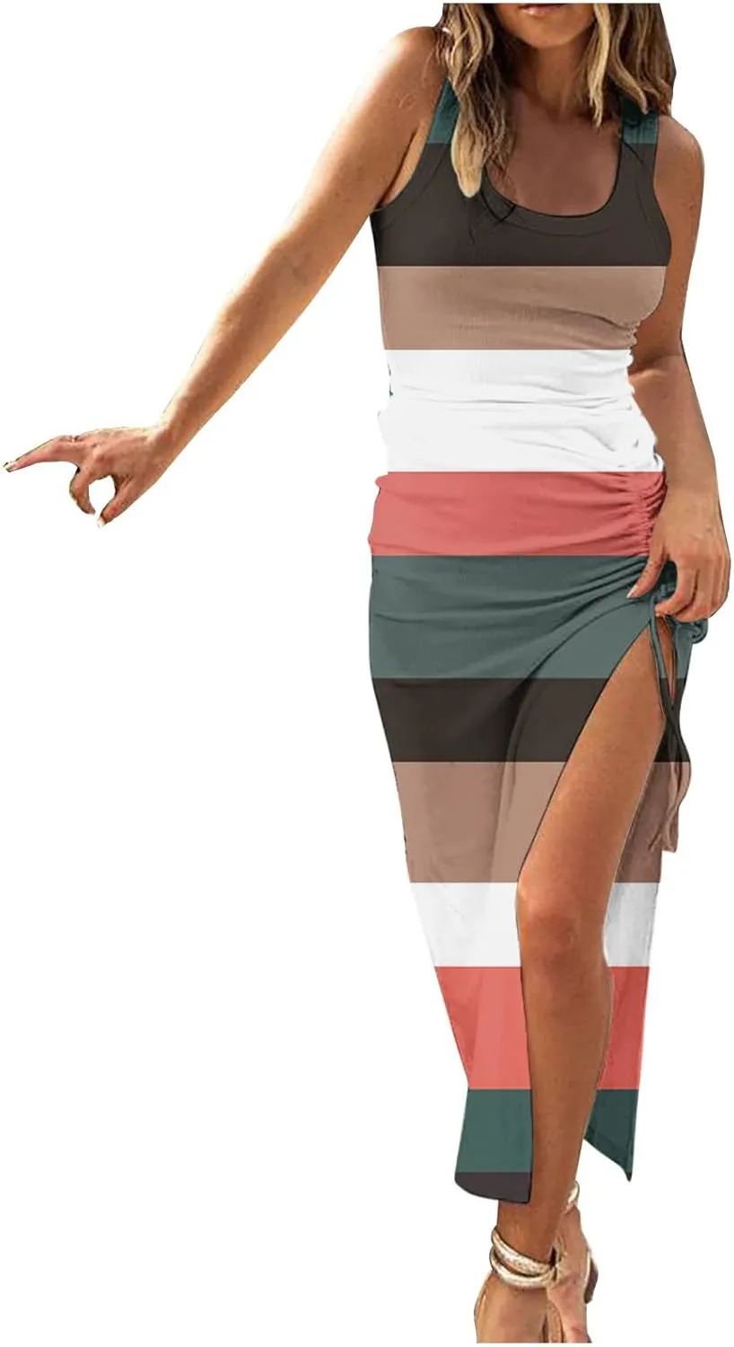 Summer Dresses for Women 2024 Sleeveless Square Neck Drawstring Side Slit Knitted Ribbed Bodycon Sexy Casual Sundress