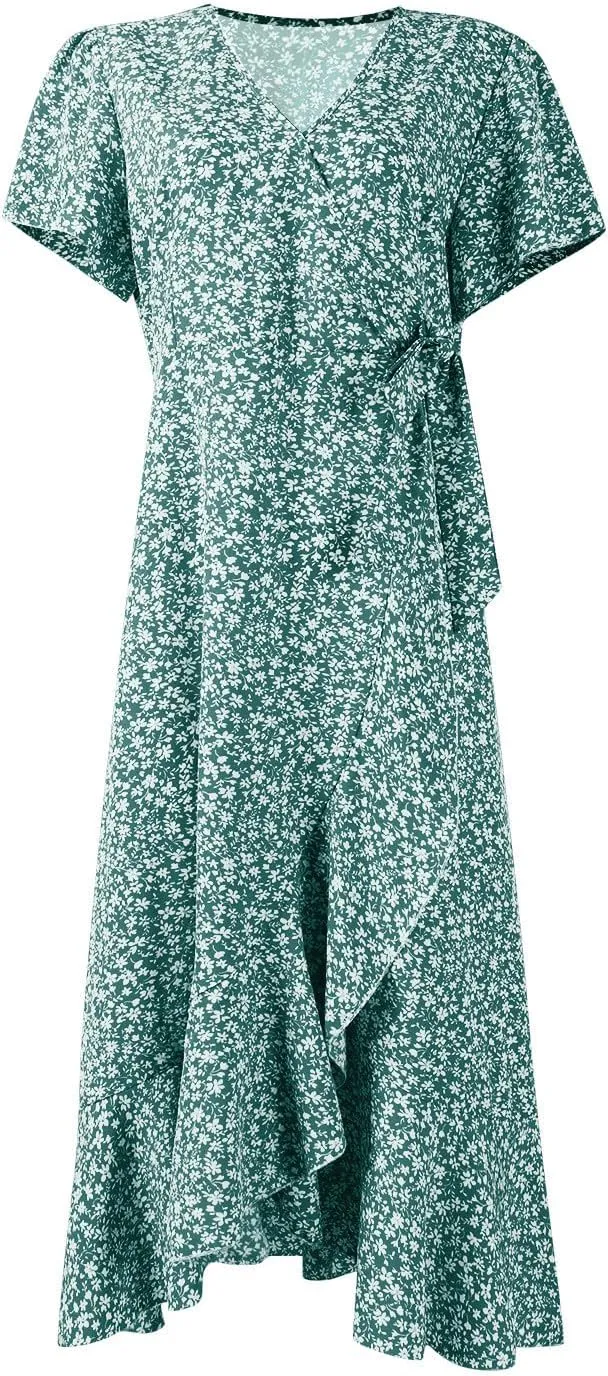 Summer Dresses for Women 2025 Casual V Neck Short Sleeve Floral Midi Dress Tie Waist Ruffle Boho Cute Summer Dress