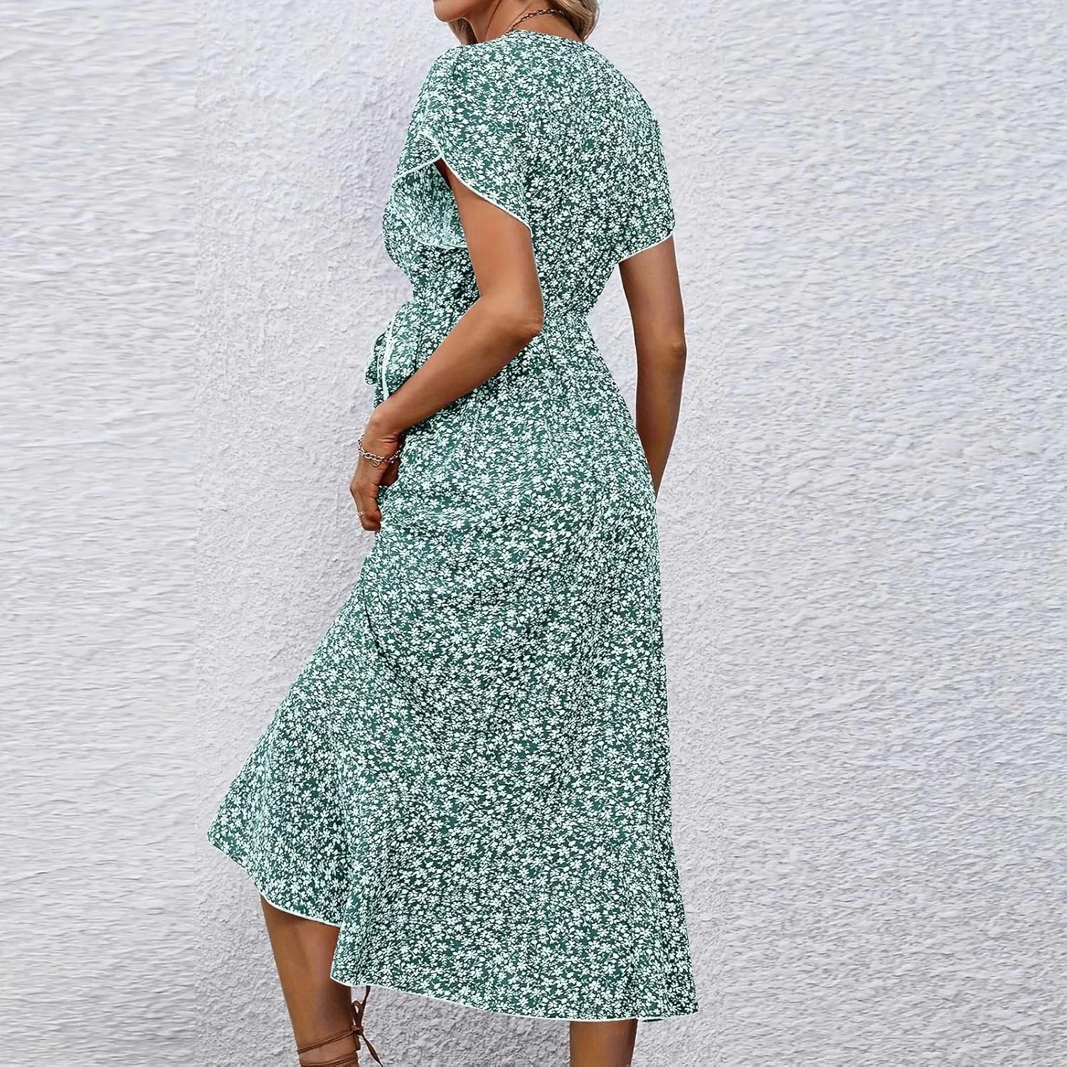 Summer Dresses for Women 2025 Casual V Neck Short Sleeve Floral Midi Dress Tie Waist Ruffle Boho Cute Summer Dress