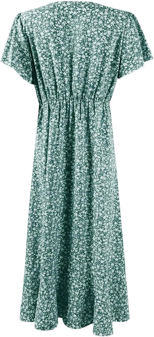 Summer Dresses for Women 2025 Casual V Neck Short Sleeve Floral Midi Dress Tie Waist Ruffle Boho Cute Summer Dress