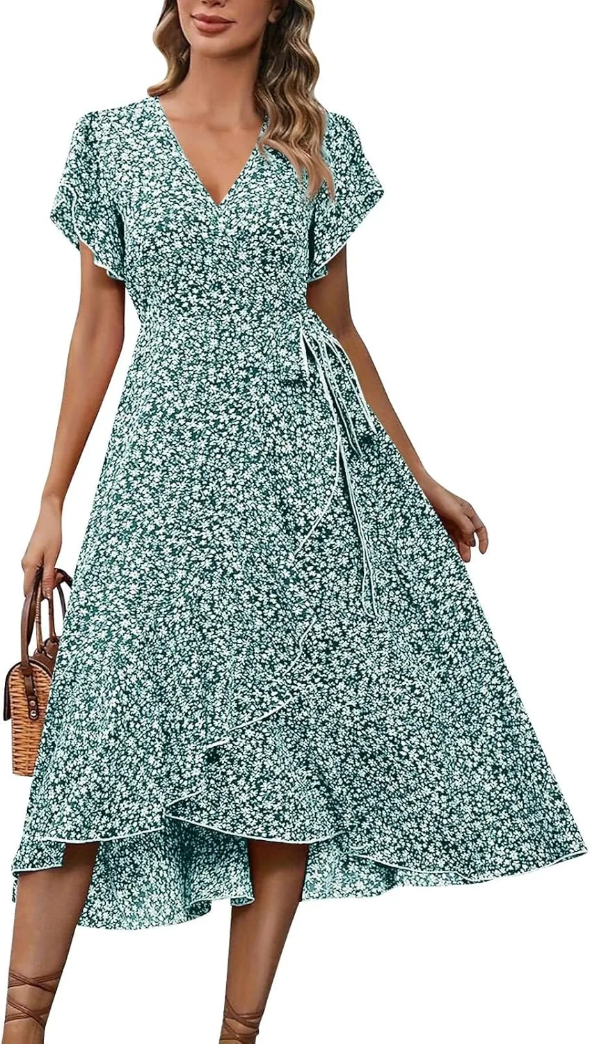Summer Dresses for Women 2025 Casual V Neck Short Sleeve Floral Midi Dress Tie Waist Ruffle Boho Cute Summer Dress