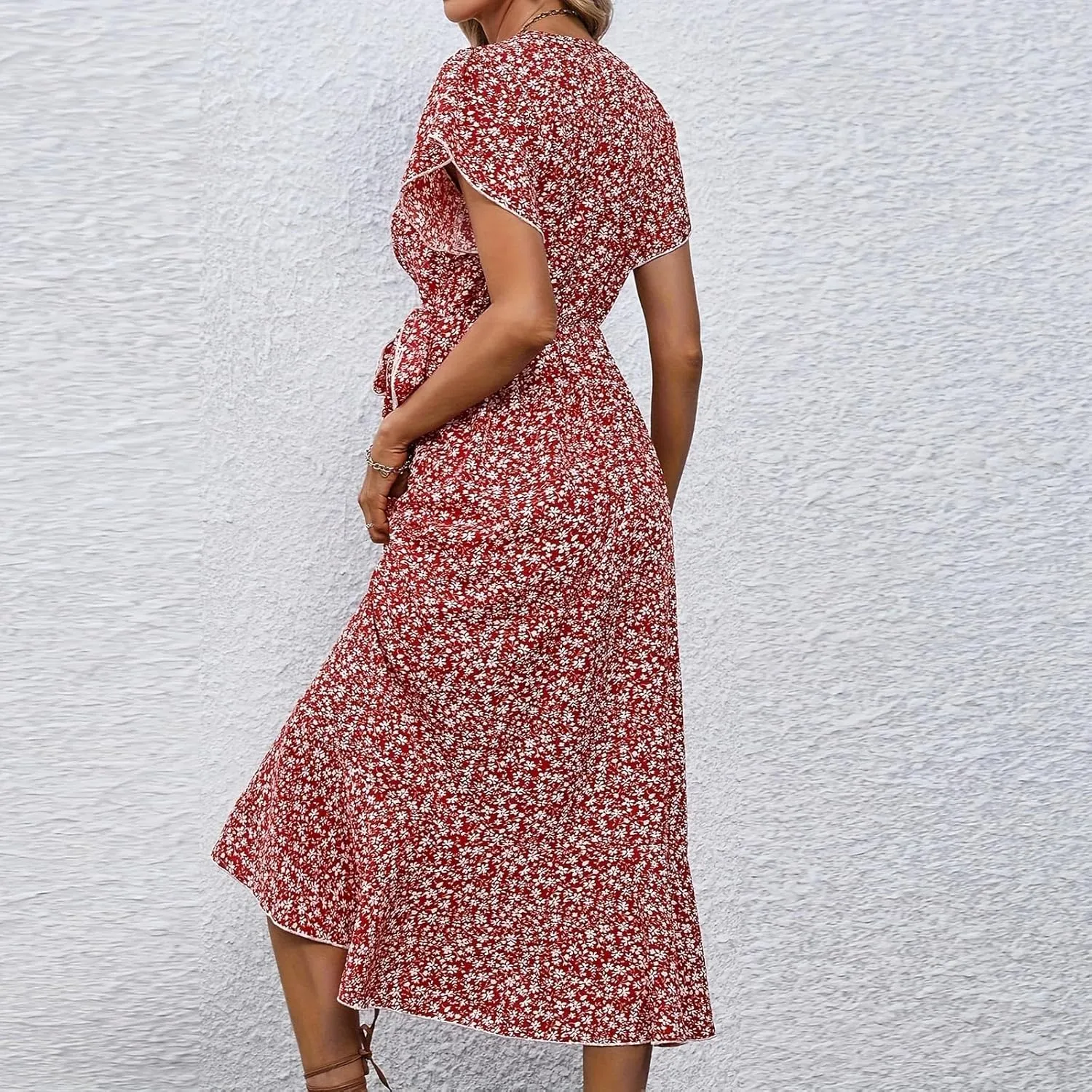Summer Dresses for Women 2025 Casual V Neck Short Sleeve Floral Midi Dress Tie Waist Ruffle Boho Cute Summer Dress