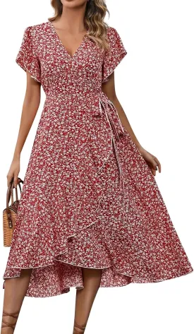 Summer Dresses for Women 2025 Casual V Neck Short Sleeve Floral Midi Dress Tie Waist Ruffle Boho Cute Summer Dress
