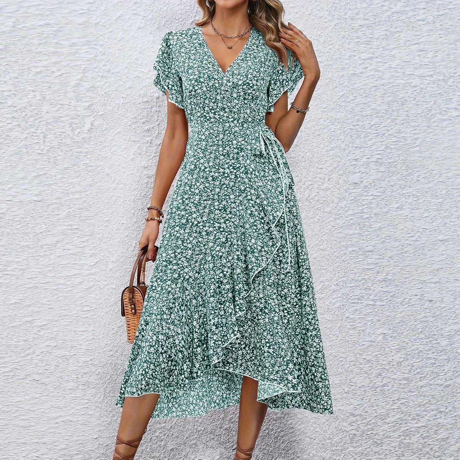 Summer Dresses for Women 2025 Casual V Neck Short Sleeve Floral Midi Dress Tie Waist Ruffle Boho Cute Summer Dress