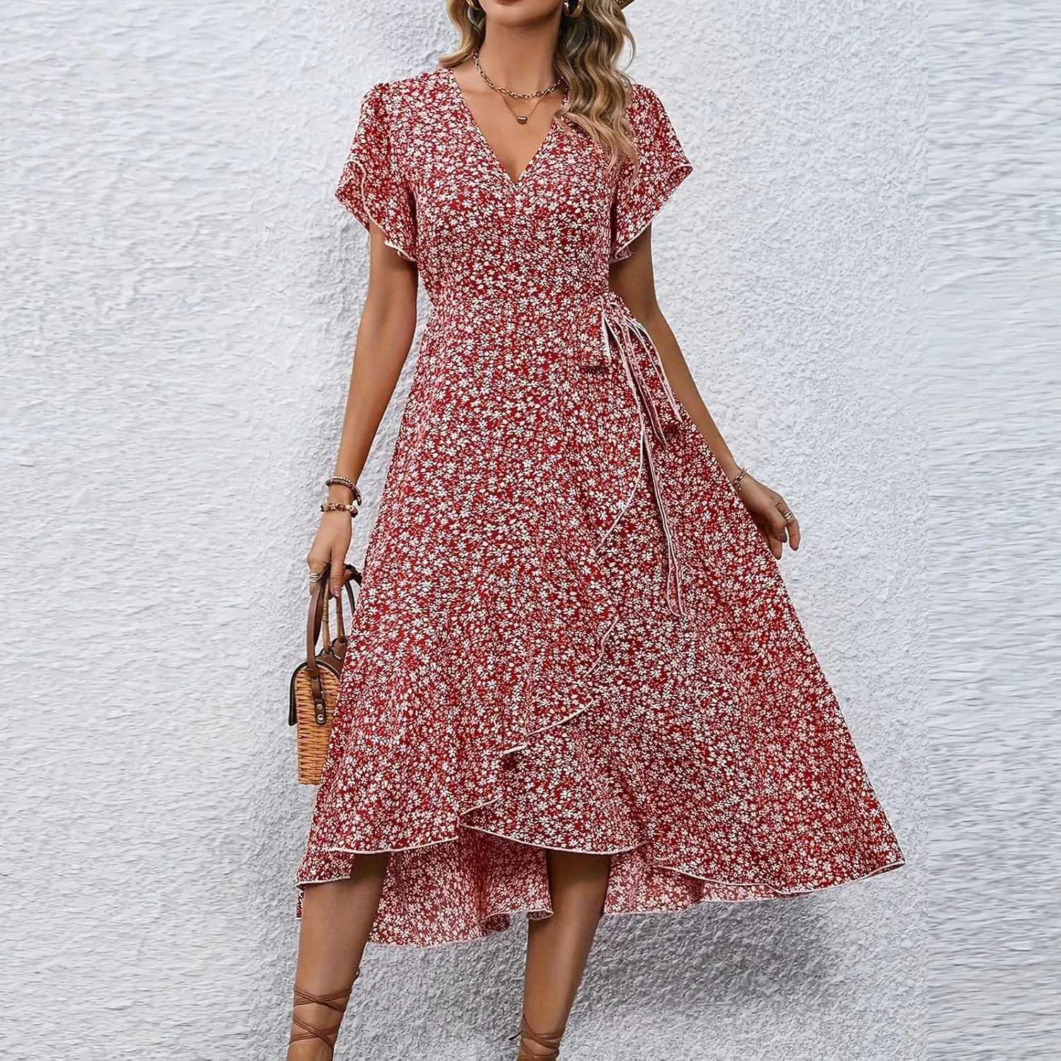 Summer Dresses for Women 2025 Casual V Neck Short Sleeve Floral Midi Dress Tie Waist Ruffle Boho Cute Summer Dress