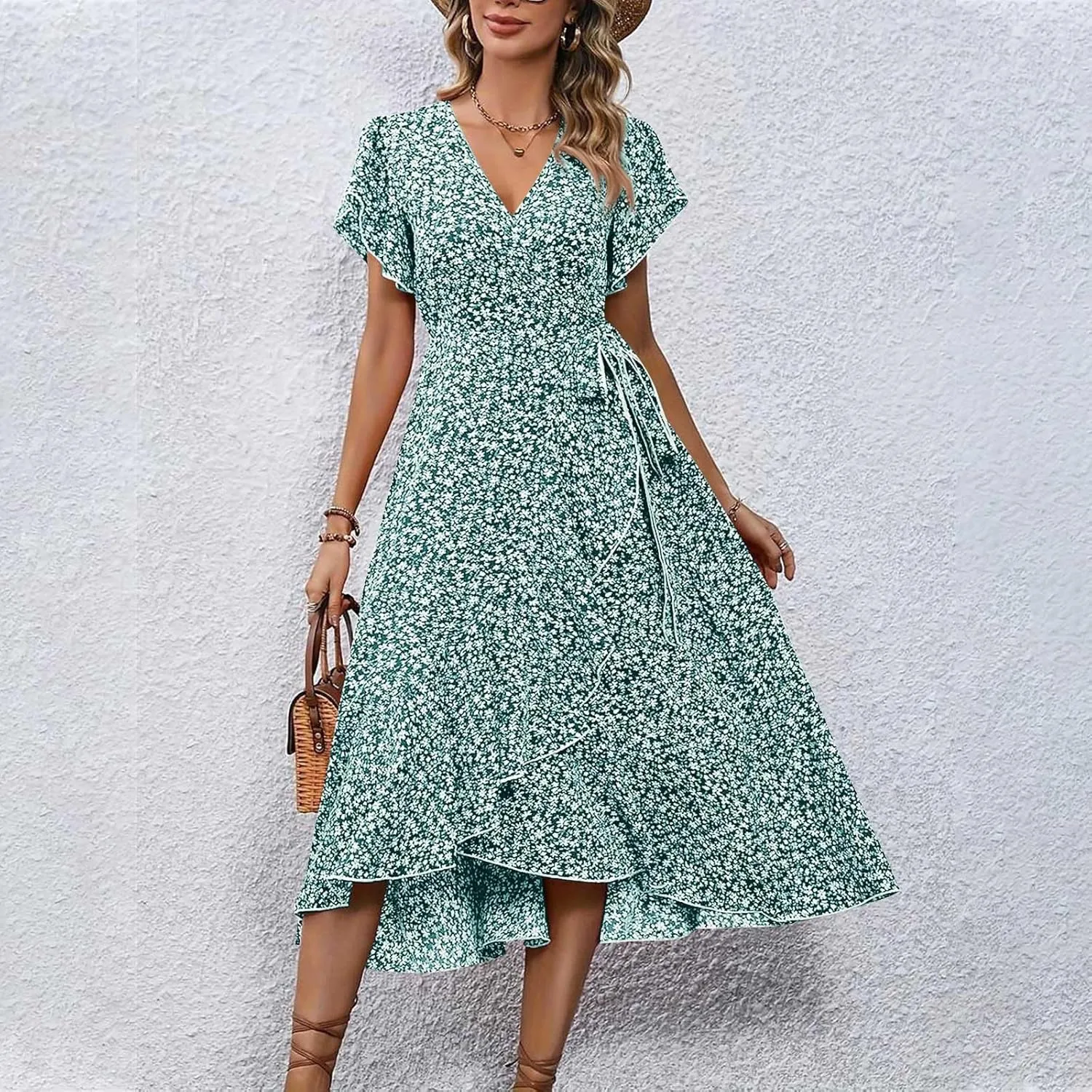 Summer Dresses for Women 2025 Casual V Neck Short Sleeve Floral Midi Dress Tie Waist Ruffle Boho Cute Summer Dress