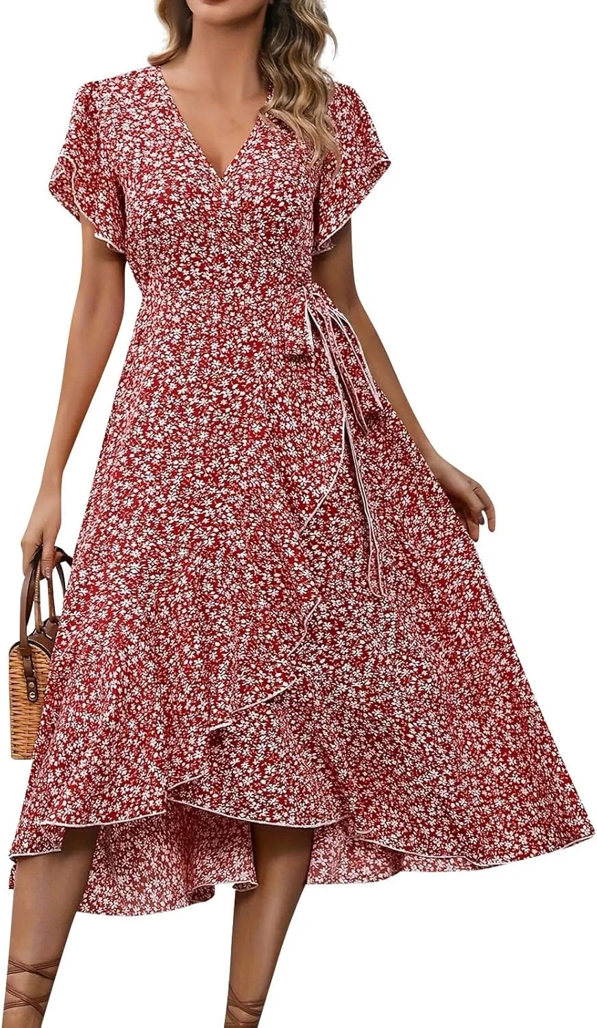 Summer Dresses for Women 2025 Casual V Neck Short Sleeve Floral Midi Dress Tie Waist Ruffle Boho Cute Summer Dress