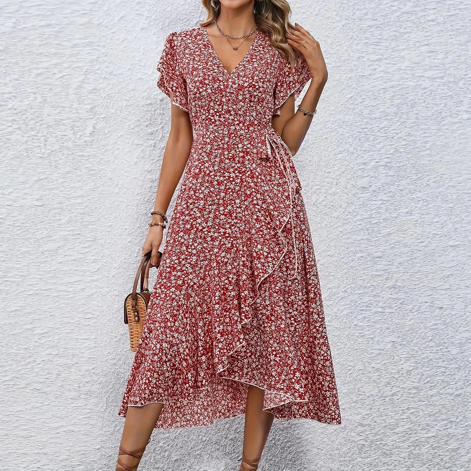 Summer Dresses for Women 2025 Casual V Neck Short Sleeve Floral Midi Dress Tie Waist Ruffle Boho Cute Summer Dress
