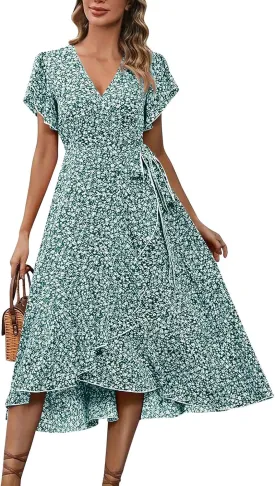 Summer Dresses for Women 2025 Casual V Neck Short Sleeve Floral Midi Dress Tie Waist Ruffle Boho Cute Summer Dress